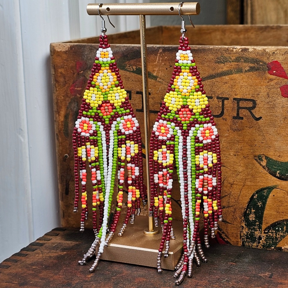 Handmade Beaded Fringe Earrings Women OS Multicolor Floral Shoulder Dusters Boho